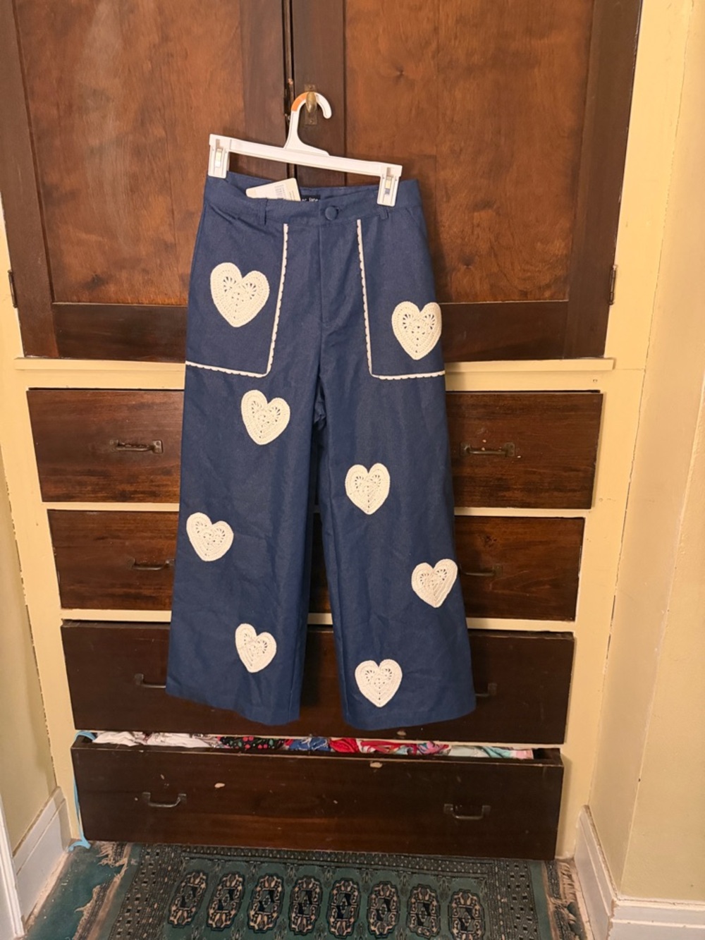 Sister Jane Navy Wide-Leg Jeans with White Heart Appliqués